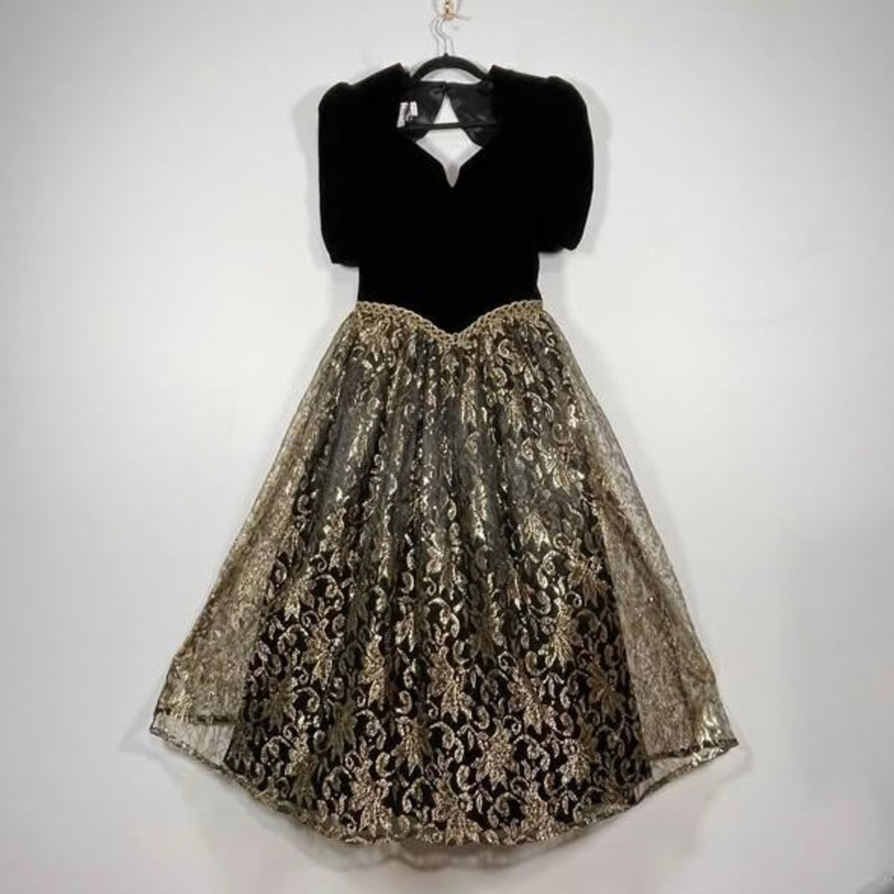 VTG Scott McClintock Formal Party‎ Dress Sz 4 Black Velvet Gold Lace Keyhole 80s